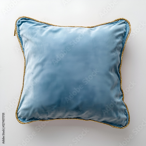 Elegant square pillow with golden rope trim, light blue velvet fabric, soft texture, minimalist design