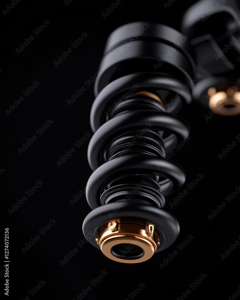 Close-up of a high-performance automotive shock absorber on a dark background. Close-up of a high-performance automotive shock absorber on a dark background.