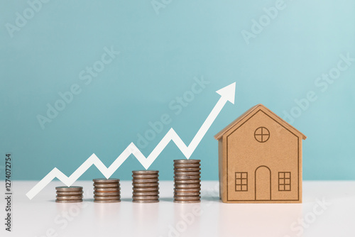 Housing finance, mortgage rates, high cost, refinance, Inflation, house tax. Mini model house with coins stack and arrow up of Indicating increase mortgage interest rates