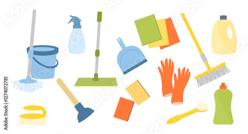 Cleaning Supplies Set. Set of various cleaning tools, a mop, bucket, broom, sponges, gloves, spray bottle, detergent. Perfect for cleaning service. Vector illustration, flat style.
