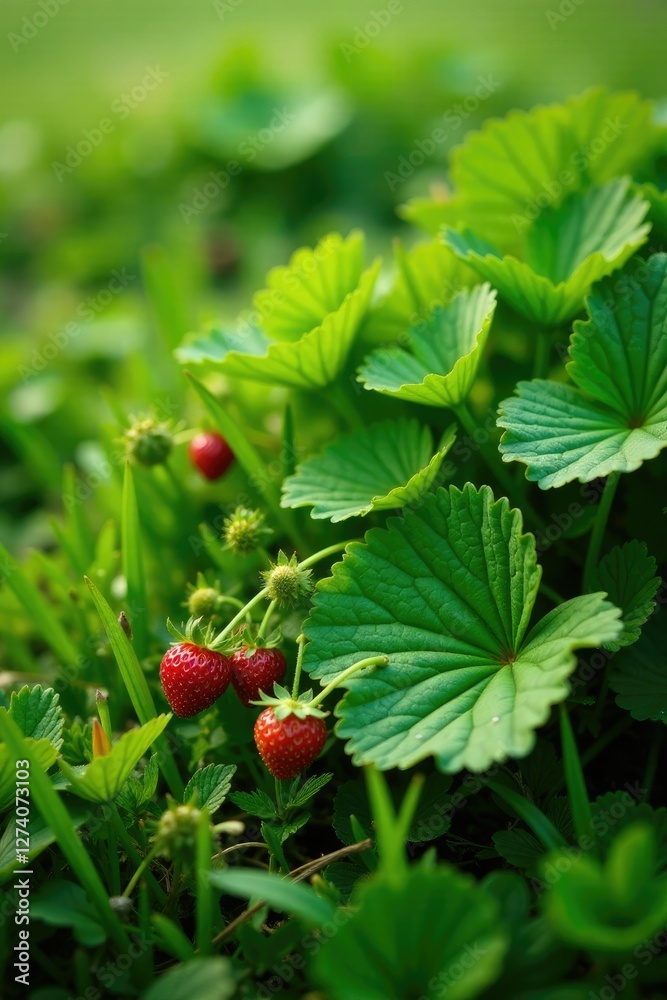 Green wild strawberry vines crawling across a lush meadow, botanical, grass, green Green wild strawberry vines crawling across a lush meadow, botanical, grass, green