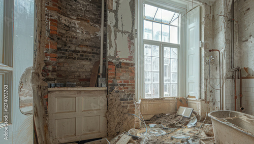 A bathroom under construction, with gray tiles on the walls. The floor is covered in dirt, with large holes for an electrical junction box visible on the wall next to it.