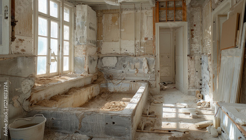 A bathroom under construction, with gray tiles on the walls. The floor is covered in dirt, with large holes for an electrical junction box visible on the wall next to it.