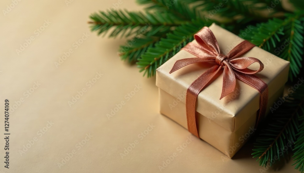 Gift box on brown paper wrapped evergreen tree branch, Christmas, present Gift box on brown paper wrapped evergreen tree branch, Christmas, present