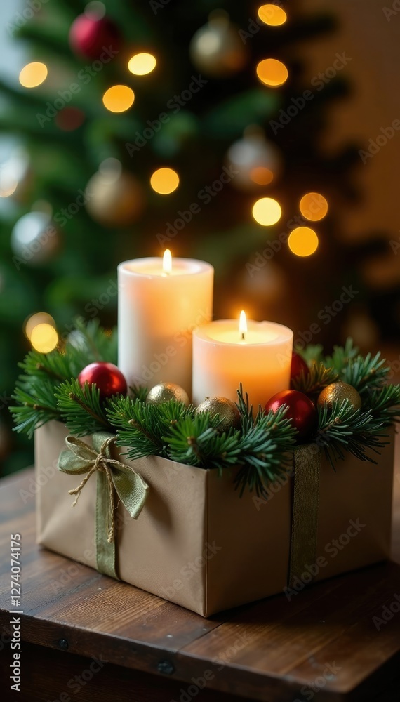 Gift box centerpiece with candles and greenery, greenery, christmas tree Gift box centerpiece with candles and greenery, greenery, christmas tree