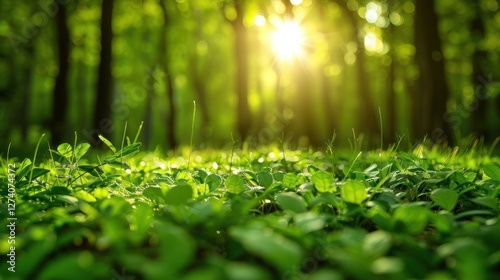 A serene forest scene with sunlight filtering through trees, illuminating lush green grass.