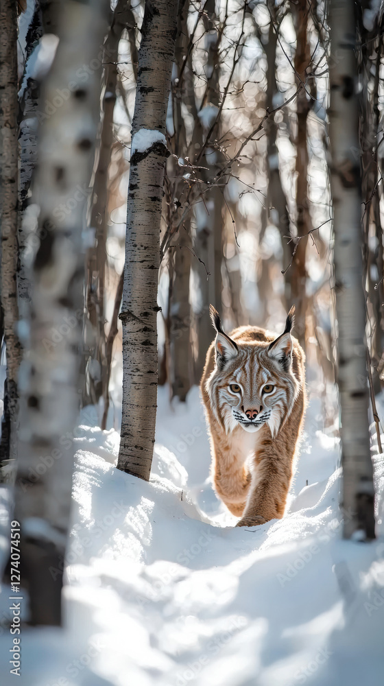 Obraz premium lynx walking through snowy forest, showcasing its beautiful fur and keen expression