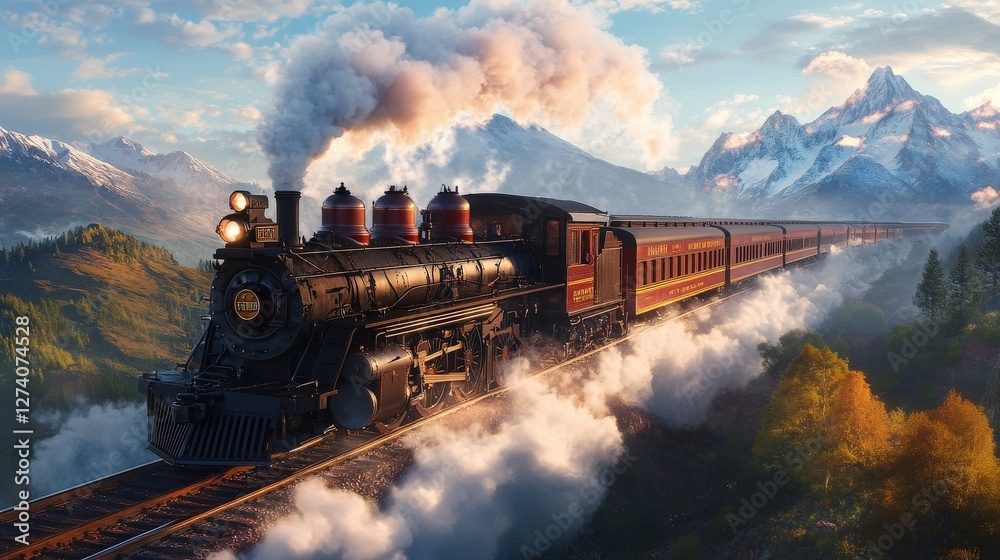 Fototapeta premium Steam locomotive crossing scenic mountain railway with snowcapped peaks and lush forest