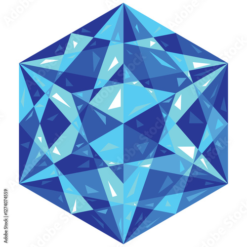 Ultramarine blue faceted crystal. Sapphire gemstone. Topaz stone magical talisman. Low poly symmetrical shiny glass mandala. Vector icon
