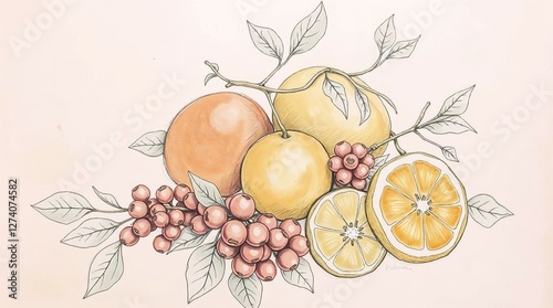 Vintage botanical illustration of citrus fruits and berries