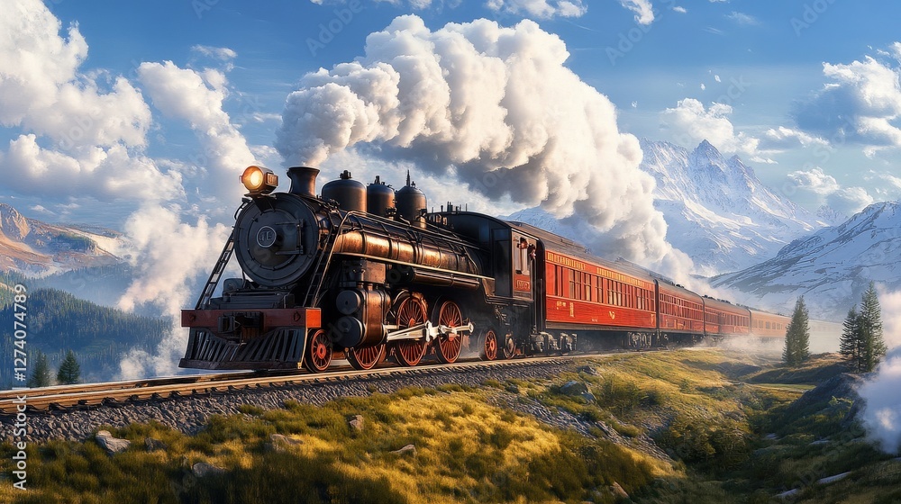 Fototapeta premium Vintage steam train traveling through scenic mountain landscape with puffy clouds