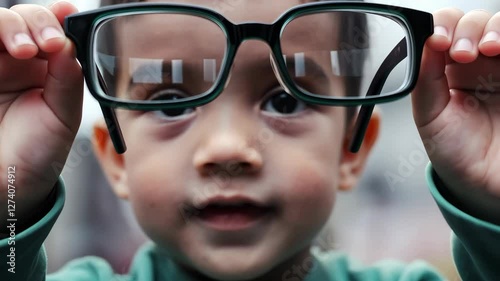A child, blurred and out of focus, stands in the background, holding a pair of glasses.