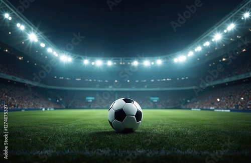 Soccer ball on green grass field of stadium at night under bright spotlights. Football arena illuminated by stadium lights. Champion league match ready to start. Sport concept.