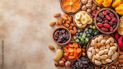 Variety of Dried Fruits and Nuts: An assortment of dried fruits and nuts displayed in wooden bowls, offering a colorful and textured mix of flavors and textures.