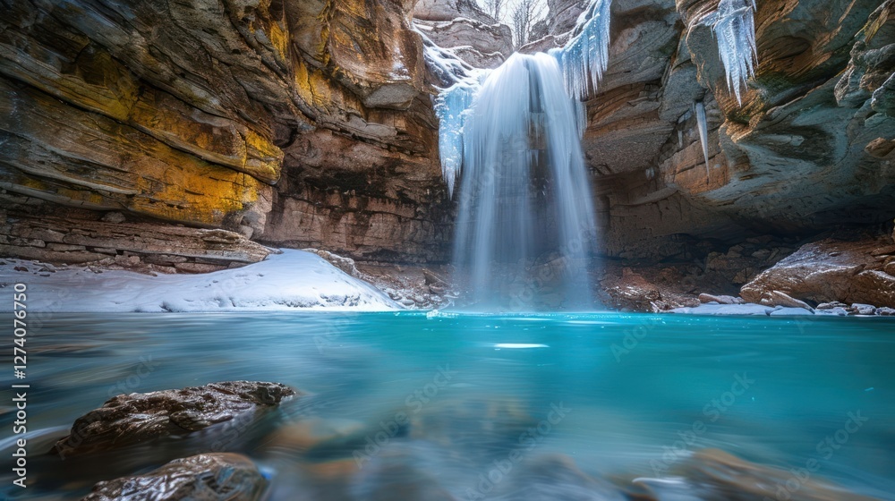 Naklejka premium A serene waterfall cascading into a turquoise pool surrounded by rocky cliffs and ice.