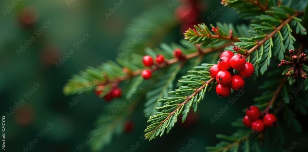 Evergreen branch with clusters of bright red berries, evergreen, seasonal decor, nature