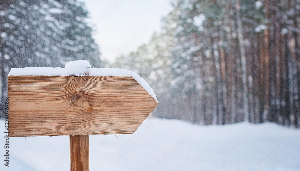 Naklejka premium Empty wooden signpost in snow. Travel destination, tourism. Blank wood pointer. Winter season.