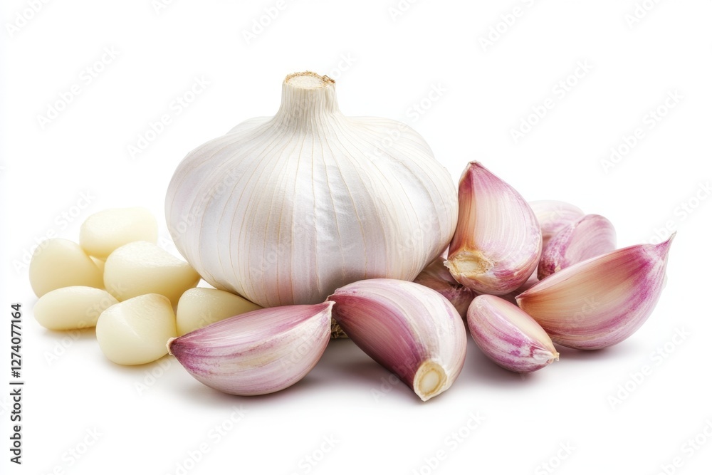 Obraz premium Fresh garlic bulbs and cloves isolated on white background, food photography