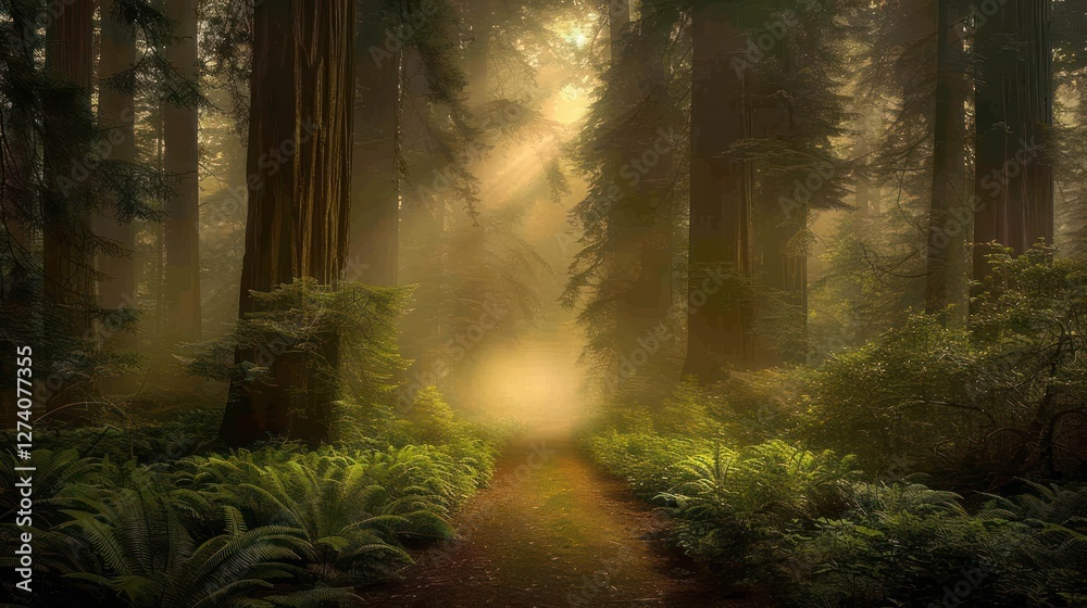 Fototapeta premium A serene forest path illuminated by soft sunlight filtering through tall trees.