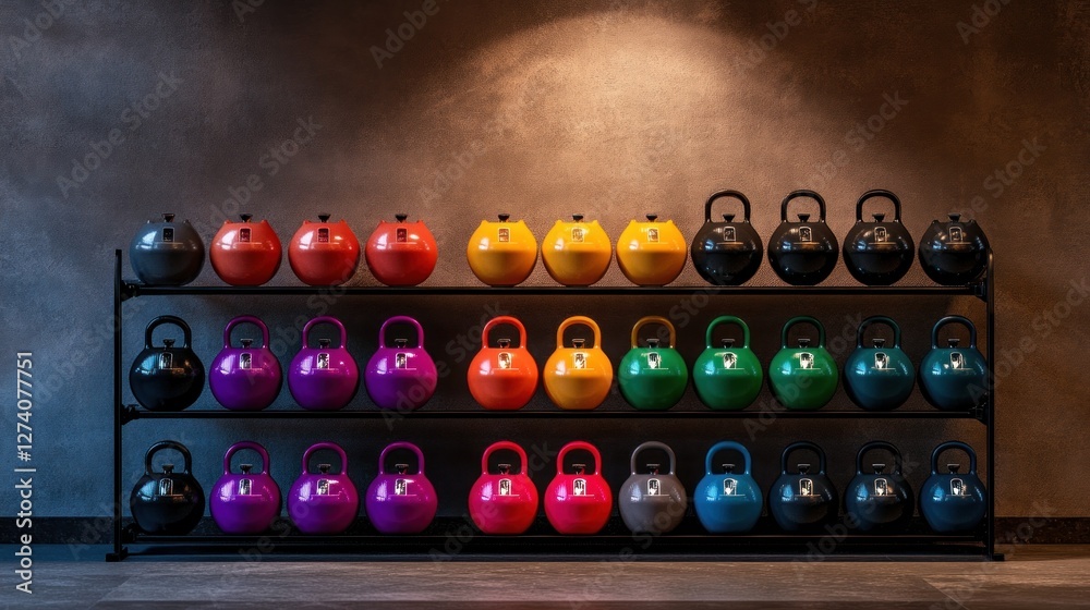 Colorful Kettlebells Arranged on Rack in Modern Gym Interior Colorful Kettlebells Arranged on Rack in Modern Gym Interior