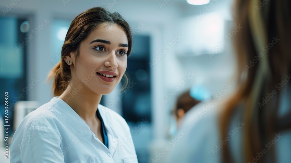 The image features a female dentist in a professional setting, captured in portrait orientation. The image features a female dentist in a professional setting, captured in portrait orientation.