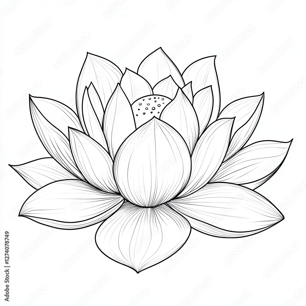 Fototapeta premium Lotus Flower Line Art Isolated on White Background