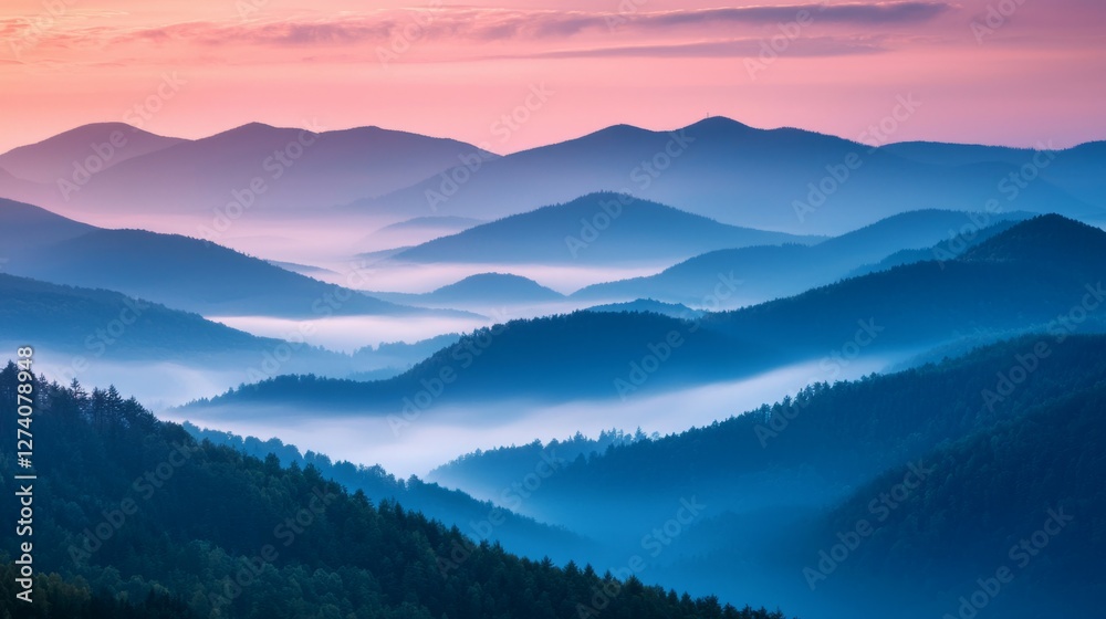 Obraz premium Serene Mountain Landscape at Sunrise with Misty Atmosphere