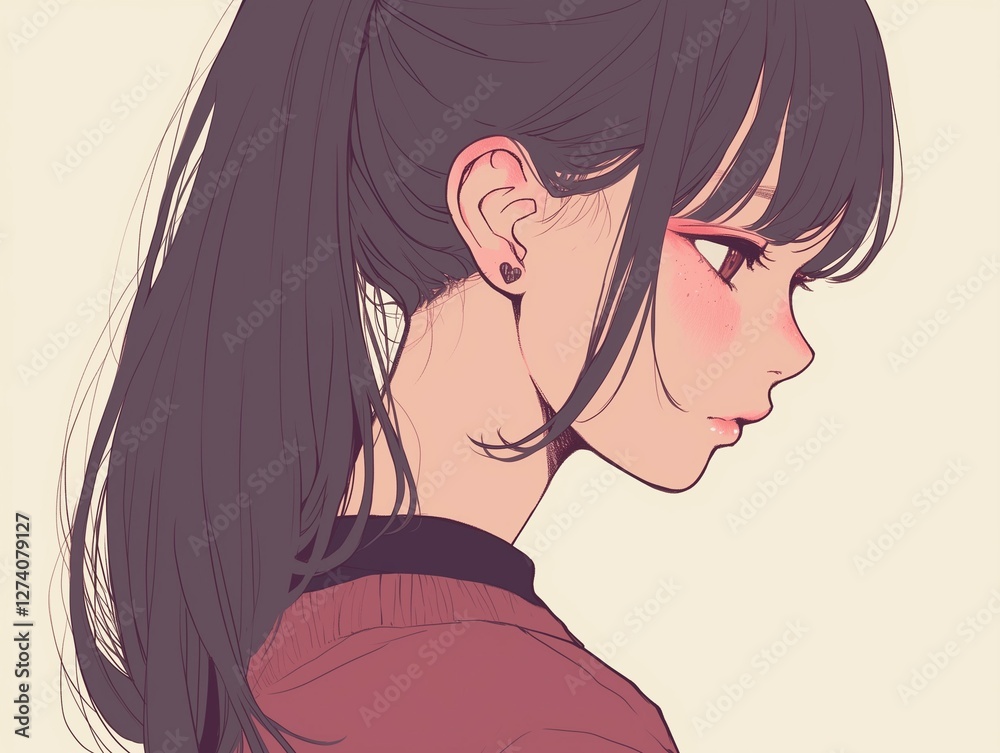 Anime girl with long ponytail blushing in soft warm tones Anime girl with long ponytail blushing in soft warm tones