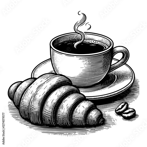 hot coffee cup sketch engraving black and white outline. Scratch board imitation.  illustrated in vintage line art style on a white background.
