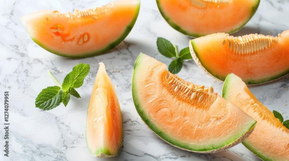 Slices of cantaloupe melon arranged on a marble surface with mint leaves. Slices of cantaloupe melon arranged on a marble surface with mint leaves.