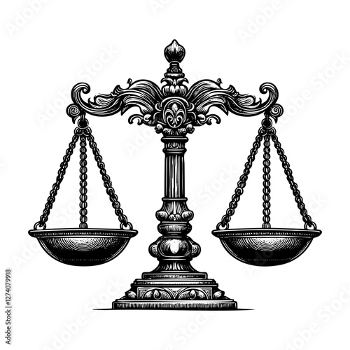 Scales of justice sketch engraving black and white outline. Scratch board imitation.  illustrated in vintage line art style on a white background.