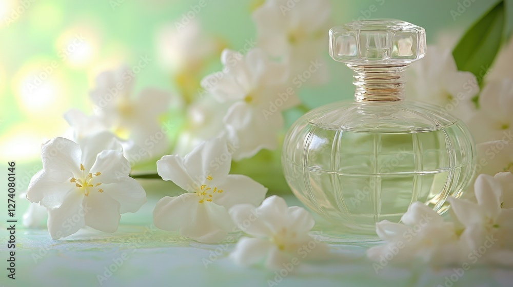 A clean and fresh perfume composition featuring a sleek glass bottle, white jasmine flowers, and a subtle pastel green background. A clean and fresh perfume composition featuring a sleek glass bottle, white jasmine flowers, and a subtle pastel green background.