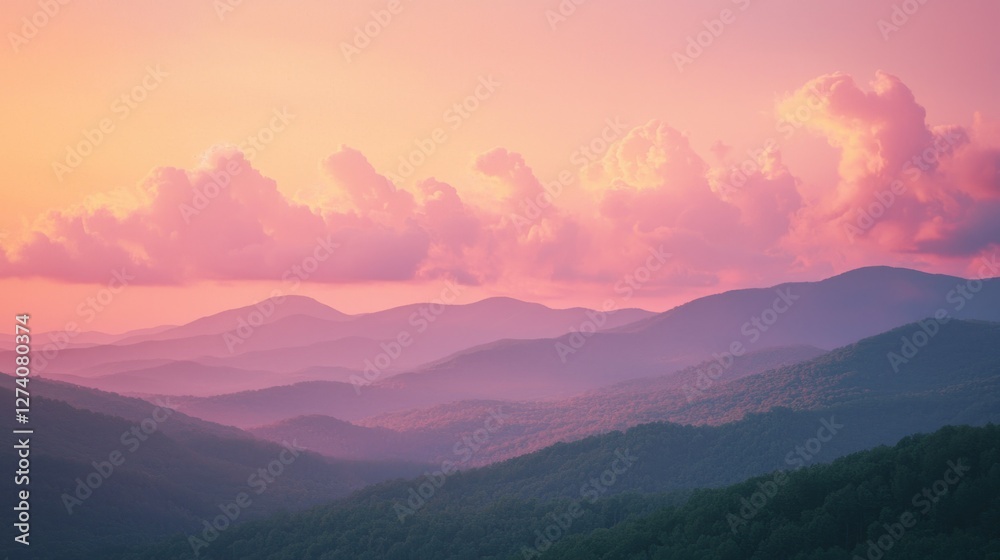 Fototapeta premium Serene Mountain Landscape Under Colorful Sunset Sky with Clouds