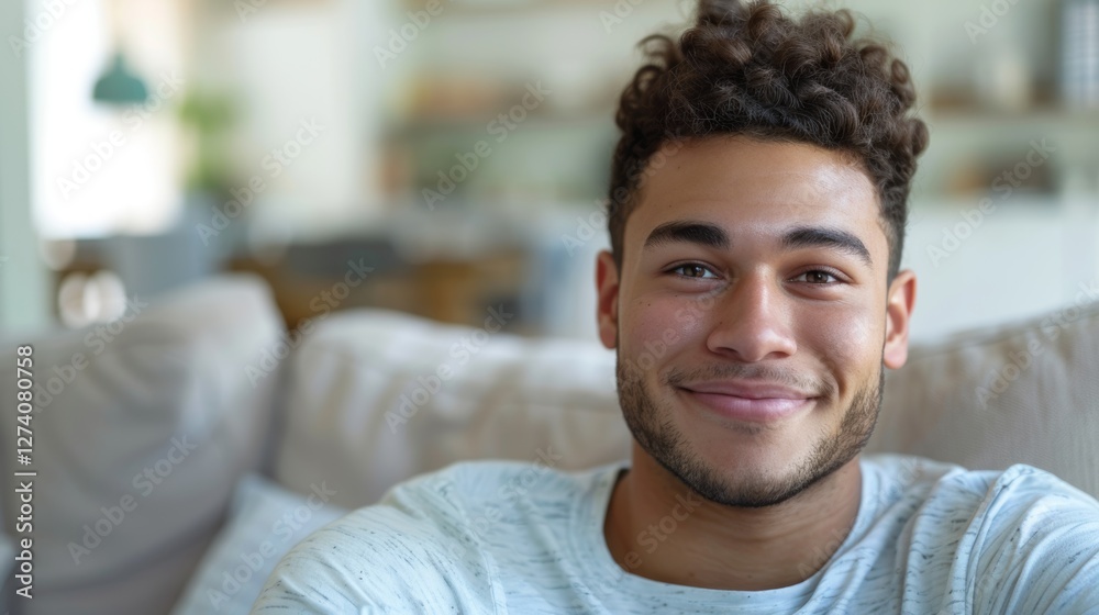 This image shows a smiling man sitting in a room, likely at home. This image shows a smiling man sitting in a room, likely at home.