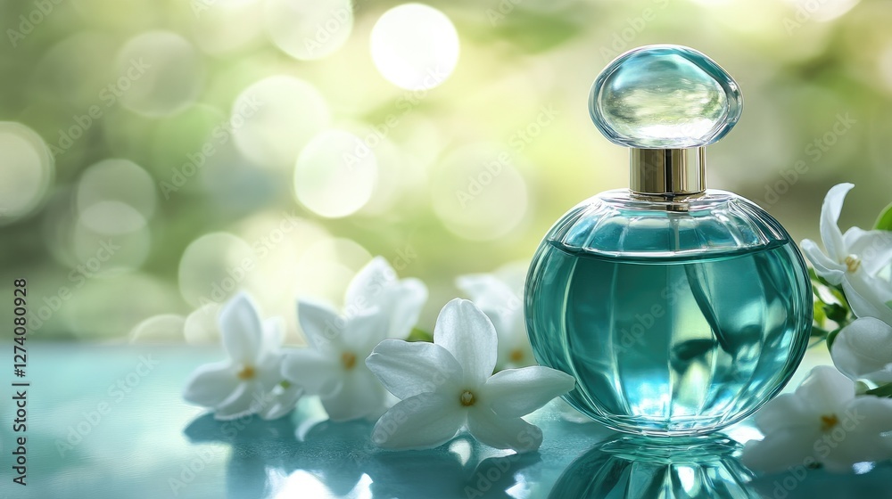 A close-up of a designer perfume bottle, placed among fresh jasmine petals on a light green surface, with text space. A close-up of a designer perfume bottle, placed among fresh jasmine petals on a light green surface, with text space.