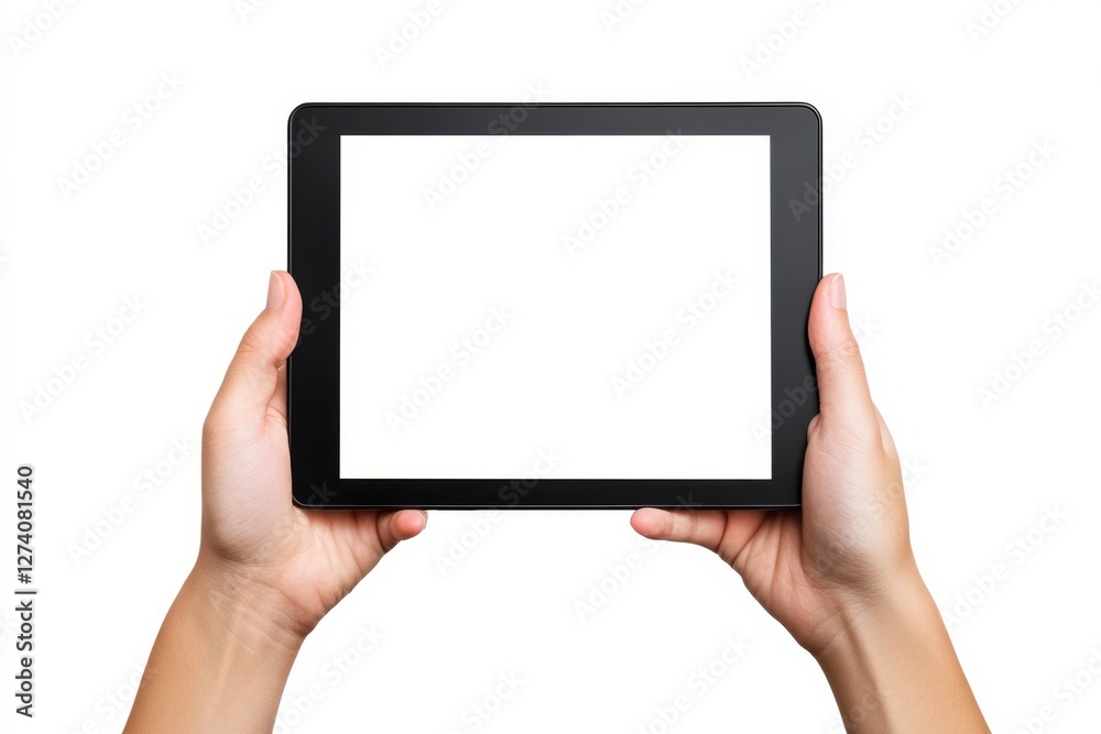 Hands holding blank tablet, white background, isolated Hands holding blank tablet, white background, isolated