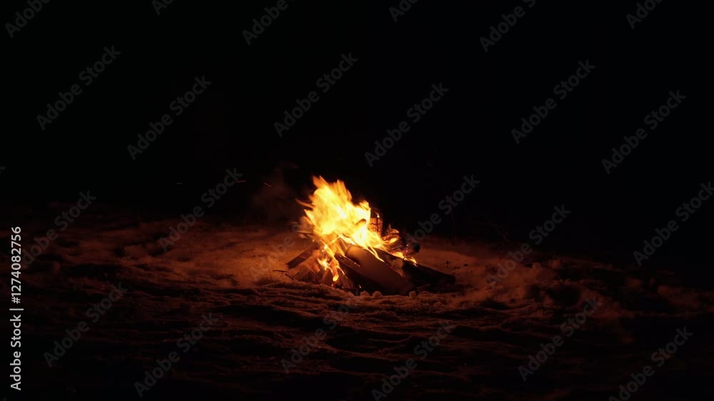 A burning campfire in winter, at night. A bright flame in total darkness. Sparks fly, the bonfire gives warmth and light. A burning campfire in winter, at night. A bright flame in total darkness. Sparks fly, the bonfire gives warmth and light.