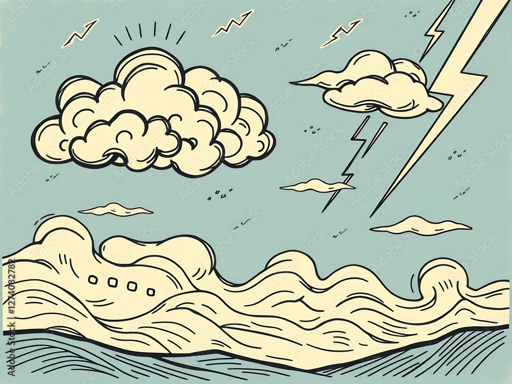 Fototapeta premium Stylized Sea with Waves and Clouds with Lightning in a Vintage Style