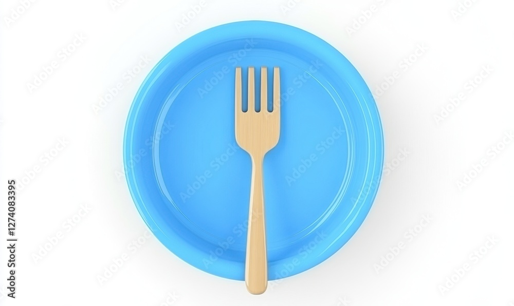 A blue plate with a wooden fork placed centrally, set against a plain white background, ideal for food-related themes A blue plate with a wooden fork placed centrally, set against a plain white background, ideal for food-related themes