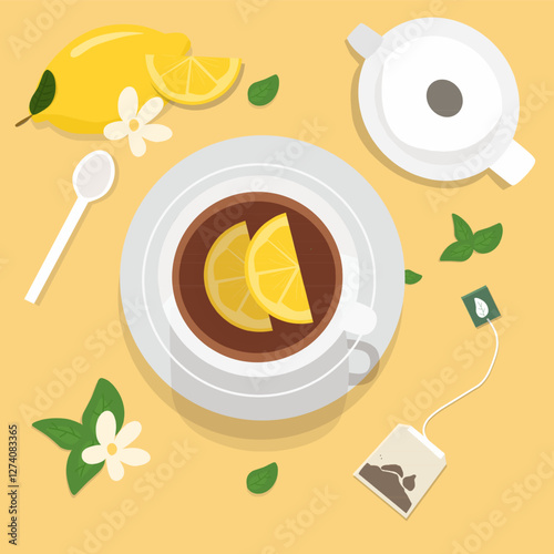 Vector ilustration of Cup with tea and lemons or lemon tea 