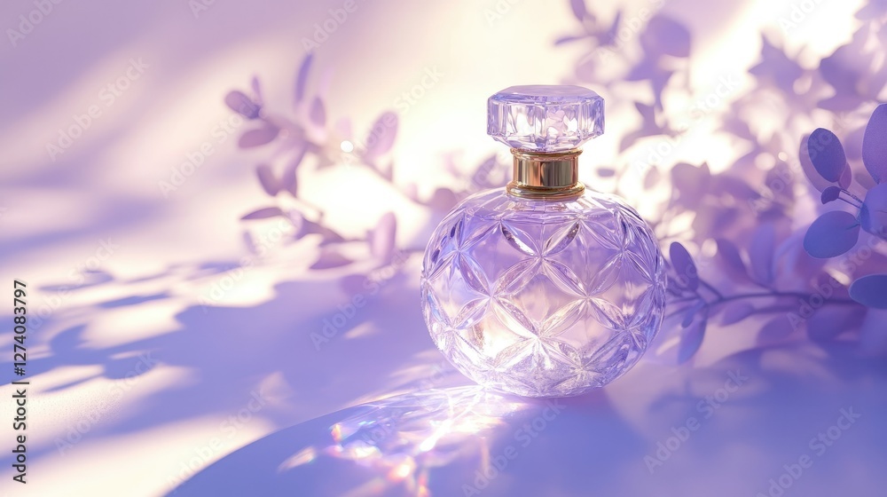 A crystal perfume bottle with a gold-accented cap, soft-focus floral shadows, and elegant daylight reflections on a pastel lilac backdrop. A crystal perfume bottle with a gold-accented cap, soft-focus floral shadows, and elegant daylight reflections on a pastel lilac backdrop.