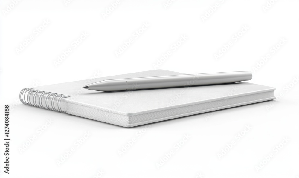 A clean, modern notebook with a sleek pen resting on top, set against a minimalistic white background A clean, modern notebook with a sleek pen resting on top, set against a minimalistic white background