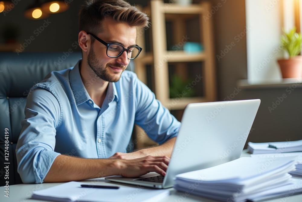 Professional Male Working in Modern Office Environment, Engaged with Laptop, Surrounded by Documents and a Cozy Workspace Enhancing Productivity and Focus Professional Male Working in Modern Office Environment, Engaged with Laptop, Surrounded by Documents and a Cozy Workspace Enhancing Productivity and Focus