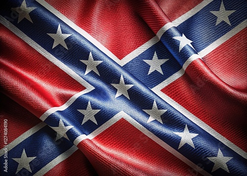 Macro photography of a vintage Confederate flag.  Detailed view of its fabric, symbolism, and history. AI generated image.