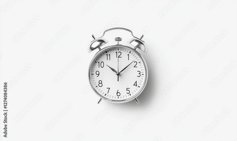 A classic silver alarm clock displaying 1010 against a minimalist white background, symbolizing time management and punctuality A classic silver alarm clock displaying 1010 against a minimalist white background, symbolizing time management and punctuality