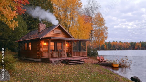 Autumn cabin on a lake shore at dusk. Potential use Stock photo for travel brochure, tourism website, or home d?cor catalog photo