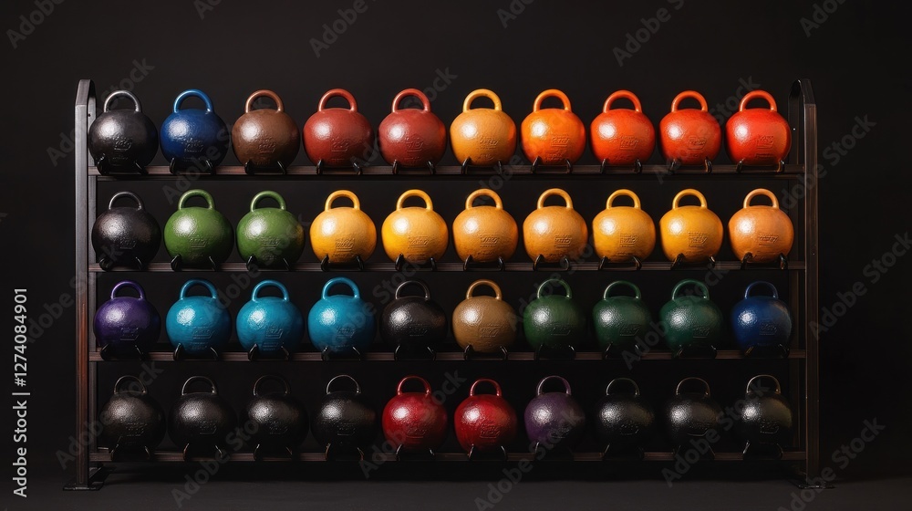 Kettlebells Arranged on a Rack in a Modern Gym Interior on an industrial style wall Kettlebells Arranged on a Rack in a Modern Gym Interior on an industrial style wall