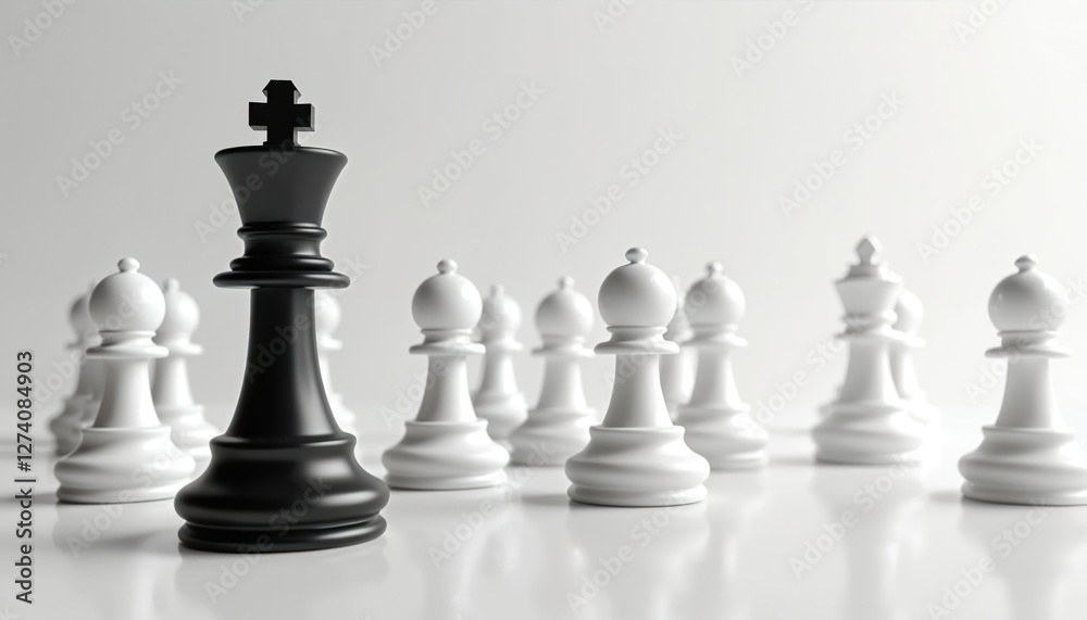 Black chess king stands ahead of white pawns against light background. Strategy, competition concept. Generative AI illustration of leadership power, success, intelligence, challenge, decision, Black chess king stands ahead of white pawns against light background. Strategy, competition concept. Generative AI illustration of leadership power, success, intelligence, challenge, decision,