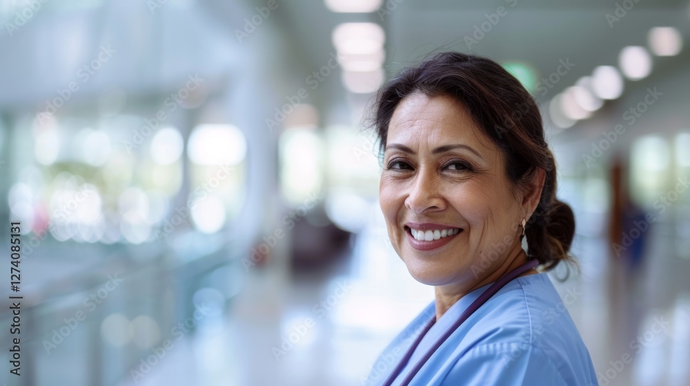 A smiling woman standing in a well-lit building, possibly a hospital or medical facility, wearing scrubs, suggesting she might be a nurse or healthcare professional. A smiling woman standing in a well-lit building, possibly a hospital or medical facility, wearing scrubs, suggesting she might be a nurse or healthcare professional.