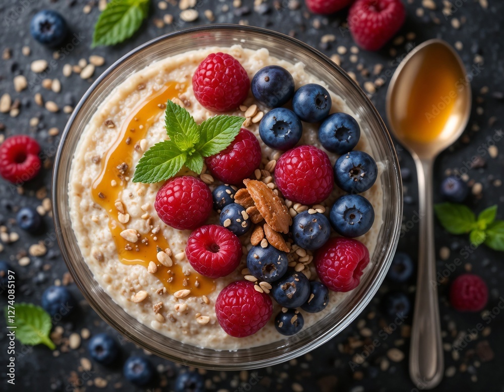 A Bowl Of Overnight Oats Topped With Fresh Berries, Chia Seeds, And A Drizzle Of Honey, Served In A Mason Jar With A Spoon On The Side, Food Photography, Food Menu Style Photo Image A Bowl Of Overnight Oats Topped With Fresh Berries, Chia Seeds, And A Drizzle Of Honey, Served In A Mason Jar With A Spoon On The Side, Food Photography, Food Menu Style Photo Image
